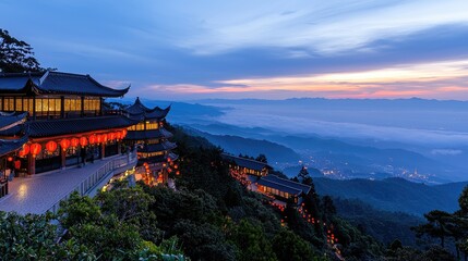 Chinese Temple Overlooking Mountains During 2025 Lunar New Year Sunrise