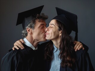 Fototapeta premium Two students wearing caps and gowns share a joyful kiss during their graduation ceremony, symbolizing the culmination of their academic journey.