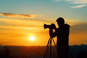 Silhouette of a man capturing sunset scenery with a camera on a tripod.