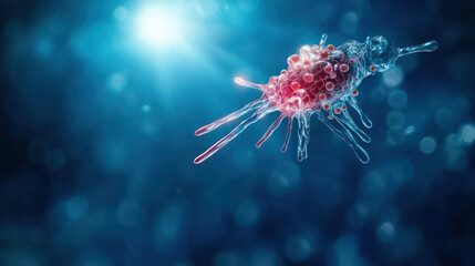 single amoeba drifting in deep blue water, showcasing vibrant colors and intricate details