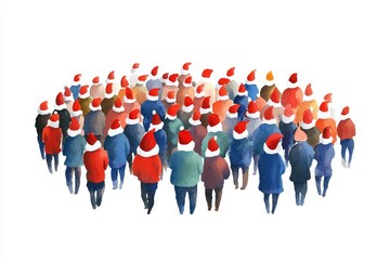 Watercolor illustration of a festive crowd of people in Santa hats, representing celebration, unity, and holiday cheer. Concept symbolizing Christmas, joy, community, togetherness, and celebration.