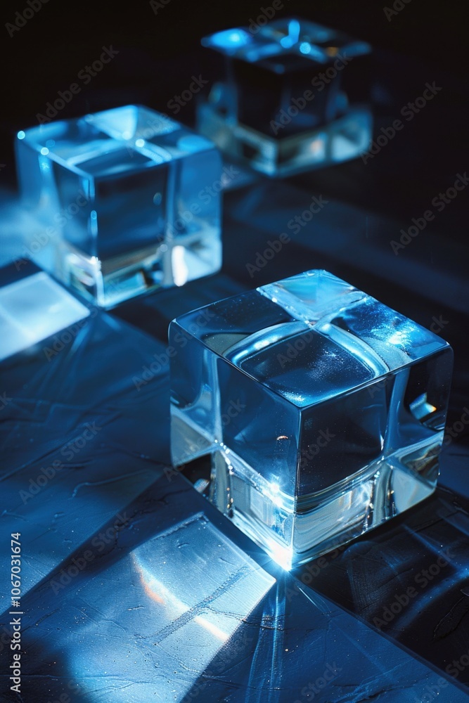 Poster clear cubes on table reflect light, show transparency.