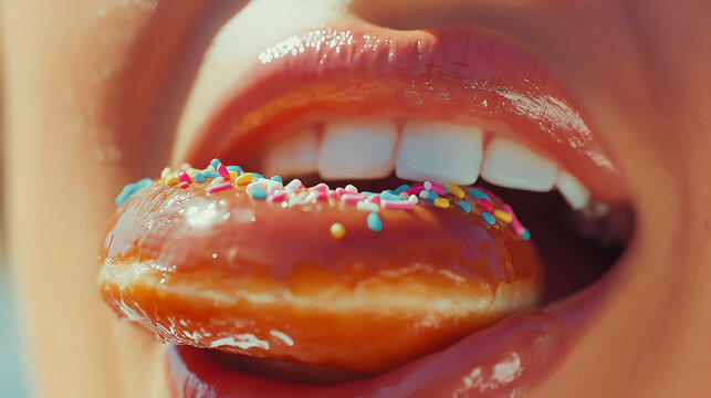 Close up of a woman mouth enjoy take a bite of a donut with sprinkles. Unhealthy fast food eating