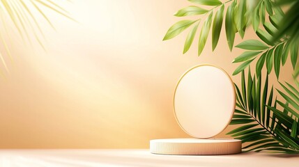 A minimalist showcase with a circular cosmetic container surrounded by lush green leaves, perfect for beauty product displays.