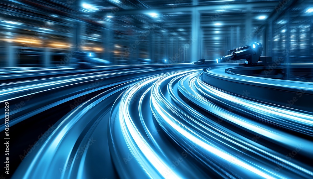 Poster a dynamic, abstract image showcasing blue light trails curving through a modern industrial setting, 