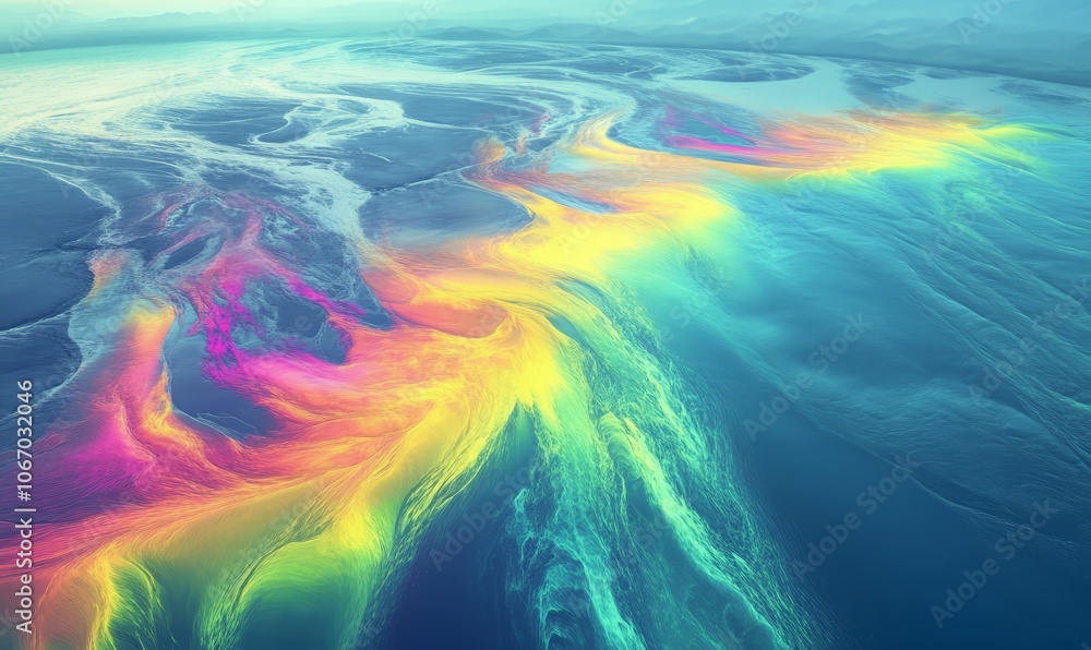 Poster dynamic heatmap of a river delta, showing temperature gradients in the water as it fans out into the