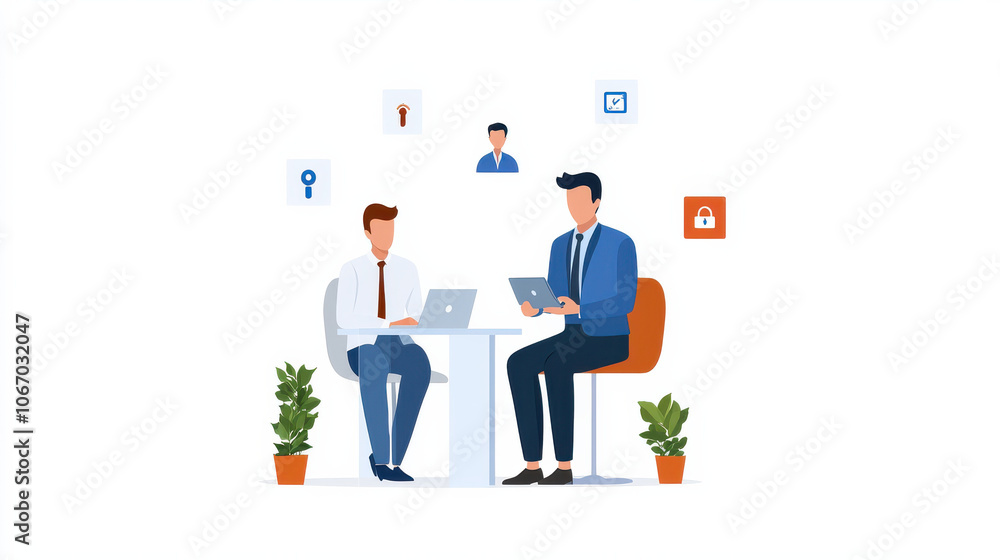 Poster two professionals discussing data security with digital icons around