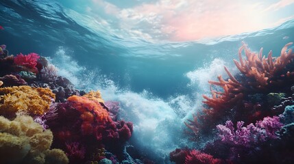Fototapeta premium An underwater scene showcasing the vibrant colors of coral reefs and waves crashing against them
