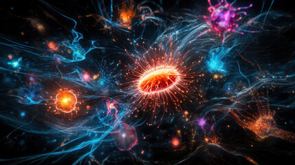 Fototapeta premium Vibrant microscopic life forms in colorful, flowing water environment