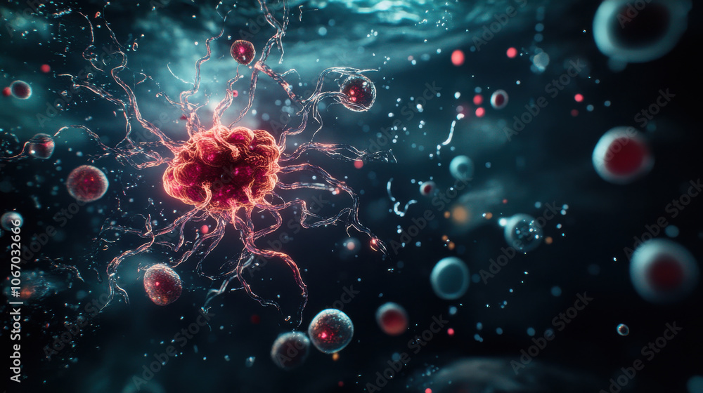 Poster amoeba with branching extensions in dark aquatic environment, showcasing intricate details and