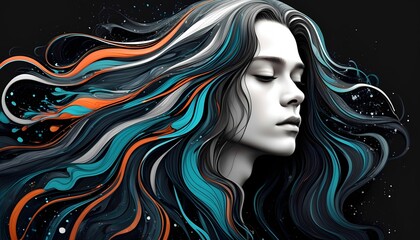 This striking black-and-white portrait captures the essence of a man with long, flowing hair, framed by deep contrasts and subtle splashes of black, orange, and blue. His intense gaze and magnetic pre