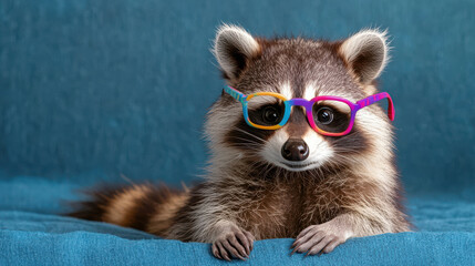 Adorable raccoon wearing colorful glasses, looking curious and playful