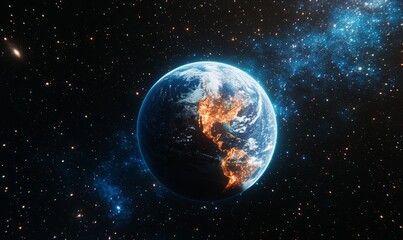 Obraz premium Earth view from space with bright stars and cosmic elements.