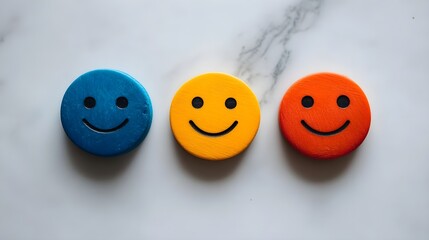 Colorful Wooden Smiley Faces in Orange, Yellow, and Blue on White Background