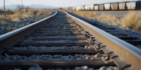 Obraz premium Train tracks in a barren desert landscape.