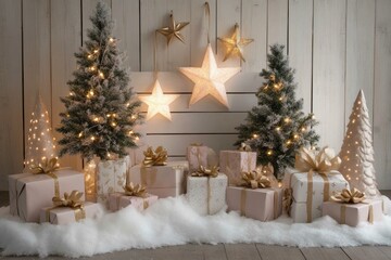 Christmas tree adorned with gifts, sparkling lights, festive decor.