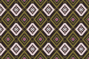 Seamless ikat embroidery pattern in brown, white geometric shapes. Brown background, illustration, vector, design.