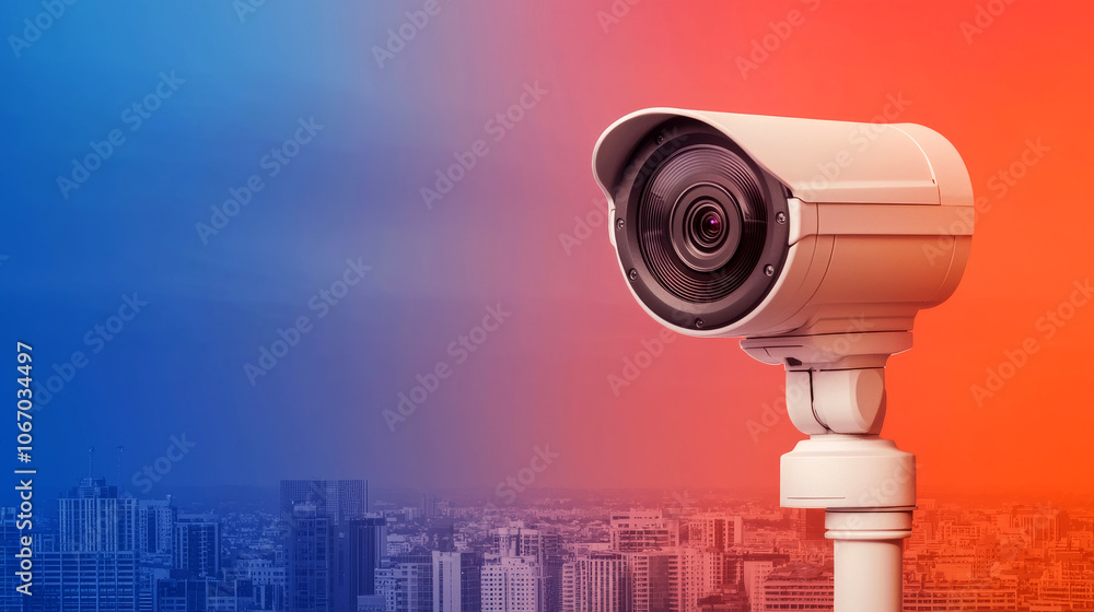 Poster a surveillance camera on a colorful gradient background, symbolizing security and monitoring in urba