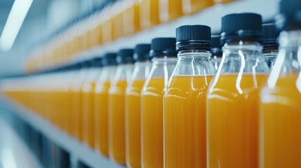 A row of orange juice bottles on a shelf. The bottles are lined up and are all the same size