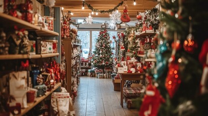 Obraz premium Festive store adorned with Christmas lights, ornaments, and wreaths.