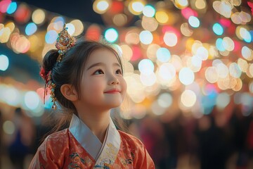 A joyous celebration of korean new year a young girl's delight amidst colorful festivities