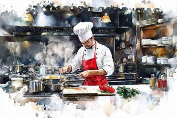 A watercolor illustration of a professional chef cooking in a busy restaurant kitchen, showcasing the passion and dedication of culinary artistry.