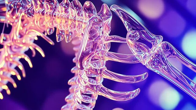 A close-up view of a glass skeleton, illuminated by purple and blue lights