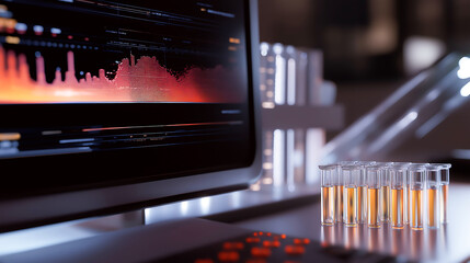 A computer screen displaying data analysis in scientific research and experimentation and test tubes at high tech laboratory