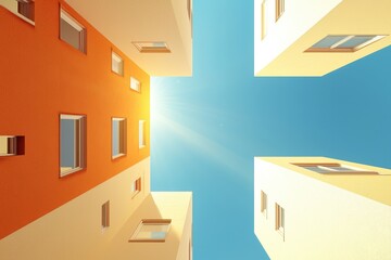 Exploring architectural perspectives a unique view of urban structures under a vibrant sky