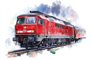 Obraz premium Watercolor illustration of a red freight train, symbolizing transportation, industry, speed, power, and travel.