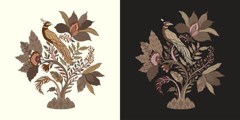 Bird sits on a branch.Mughal decorative ornamental floral. Vintage intricate traditional mughal style with flowers and foliage. © ArinaKram