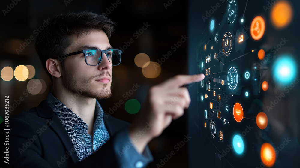 Poster man interacting with futuristic holographic interface, showcasing data visualization and