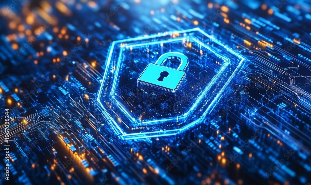 Poster digital security shield with lock symbol on a futuristic background