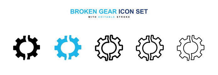 Broken gear icon set in black and blue color