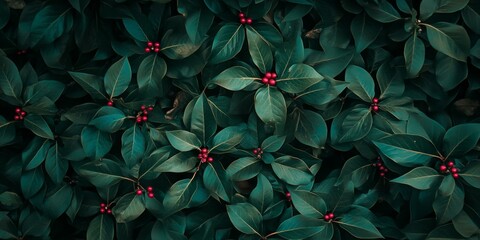 Green leaves with vibrant red berries, nature close-up, fresh foliage.