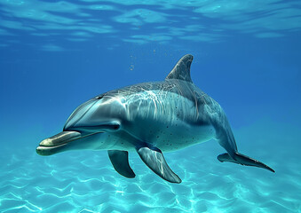 Fototapeta premium A sleek, vibrant blue dolphin glides effortlessly through the crystal-clear waters, its skin shimmering with every movement, catching the sun's rays in a dance of light and color