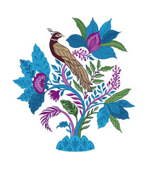 Bird sits on a branch.Mughal decorative ornamental floral. Vintage intricate traditional mughal style with flowers and foliage.