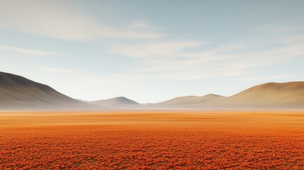 Fototapeta premium Discover the breathtaking beauty of a vast orange flower field surrounded by majestic mountains under a clear sky