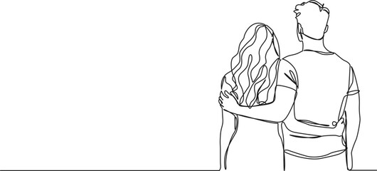 continuous single line drawing of young man and woman with arms around each other, rear view, line art vector illustration