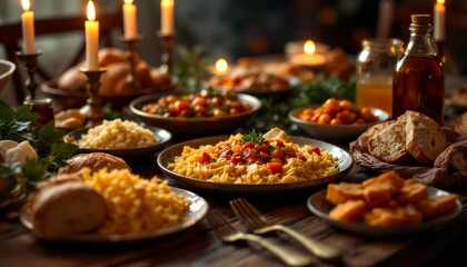 Festive orthodox new year dinner table with candlelight and traditional dishes