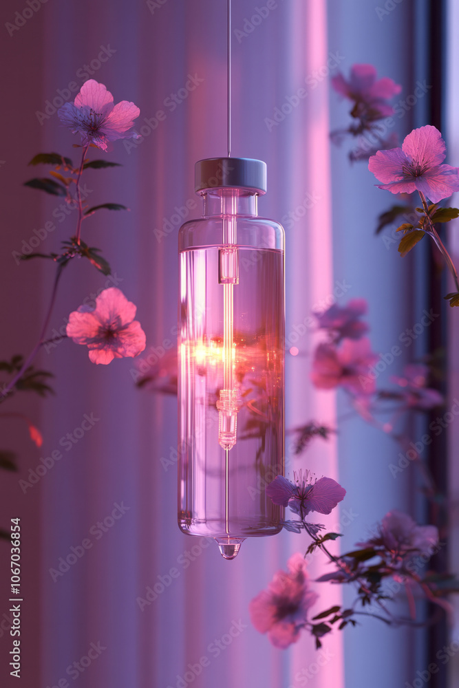Aufkleber a soft, clinical setup showing an iv line with detox solution, with light reflections emphasizing cl