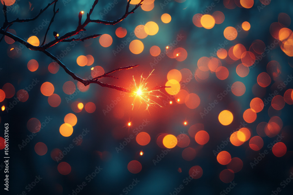 Poster close-up of a glowing sparkler, surrounded by soft bokeh lights, capturing the festive warmth of new