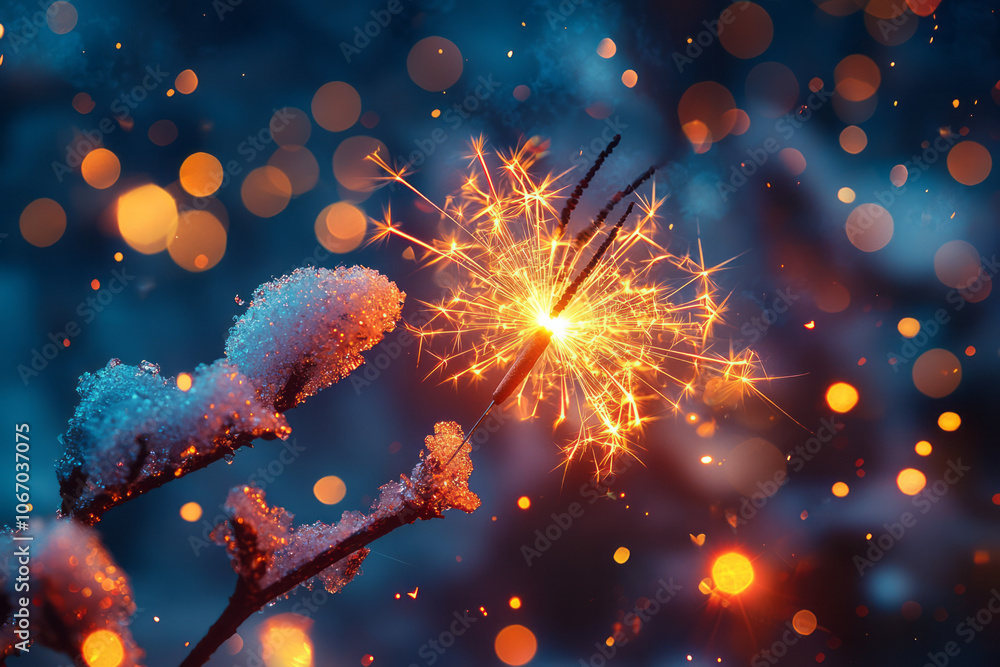 Poster close-up of a glowing sparkler, surrounded by soft bokeh lights, capturing the festive warmth of new