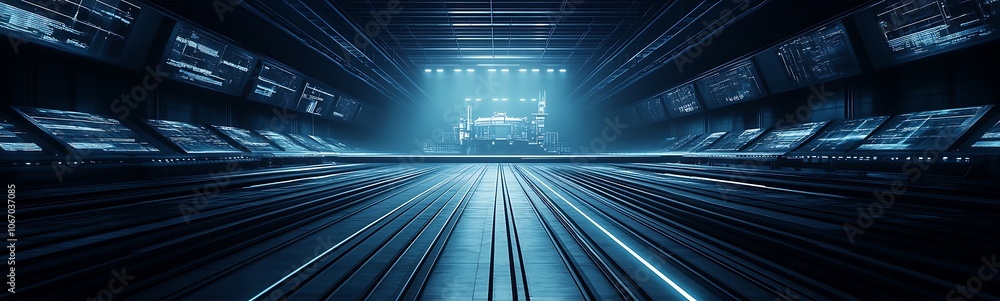 Poster a futuristic, illuminated industrial space with strong blue lighting and grid-like patterns, conveyi