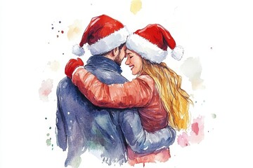 Obraz premium This charming watercolor illustration showcases a loving couple embracing in holiday spirit, adorned in winter hats, symbolizing love, togetherness, joy, warmth, and celebration.