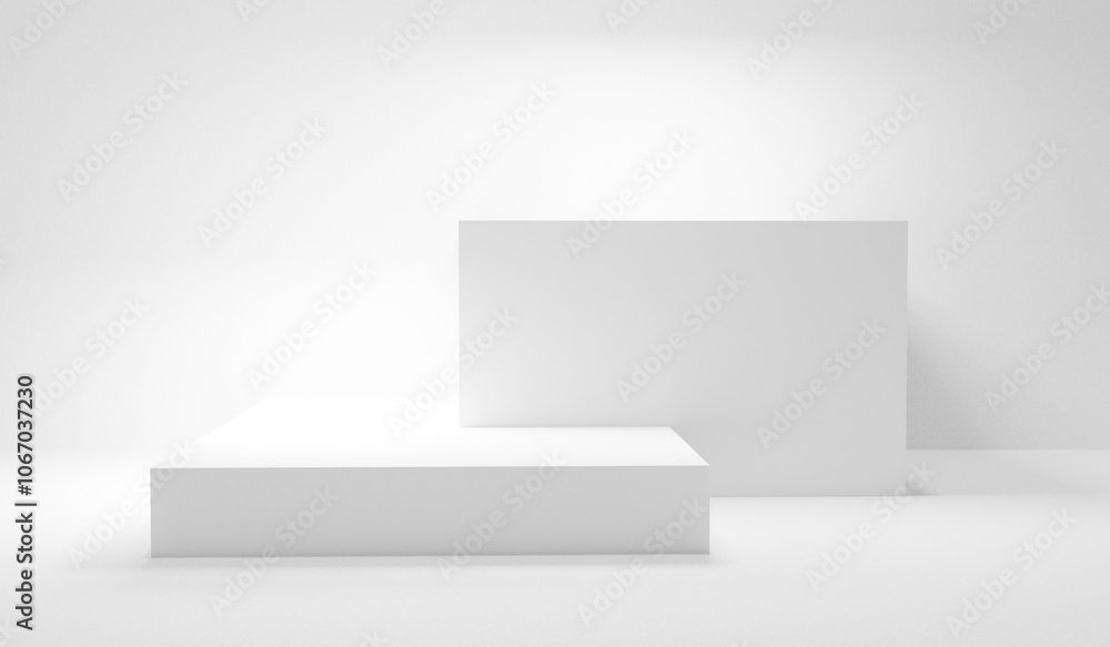 Aufkleber White background. White empty studio room with white geometrical forms cubes with spotlight and empty space. White table stage podium cubes empty white room template display