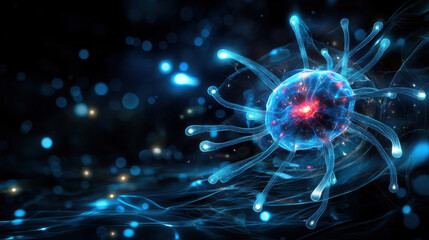 Obraz premium Translucent amoeba with glowing pseudopods in dark aquatic environment