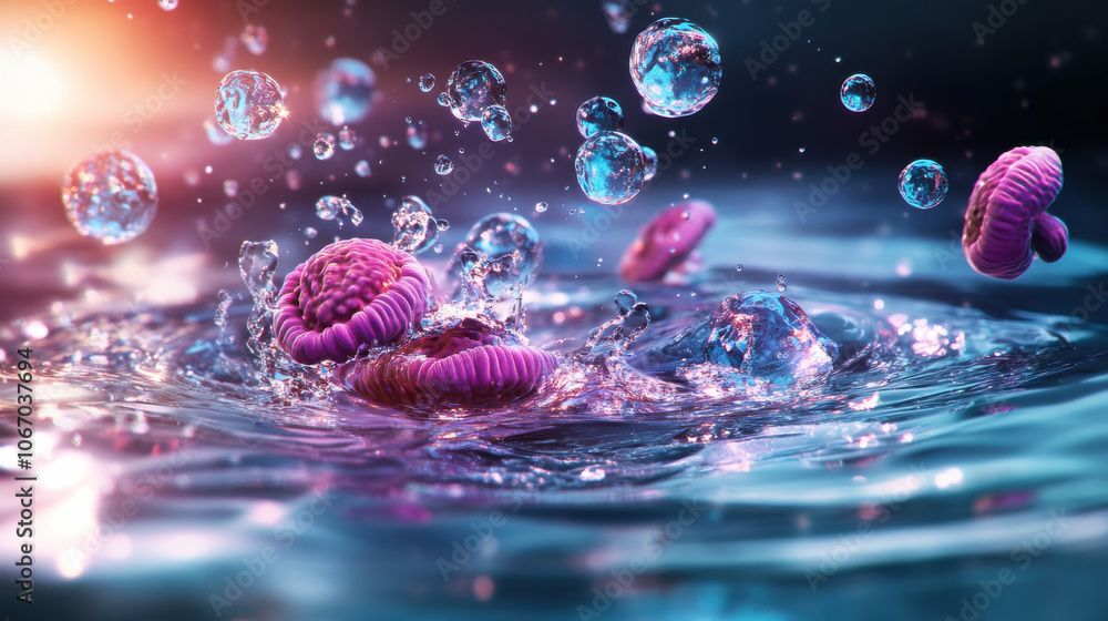 Poster vibrant water splash with colorful jellyfish and bubbles creating dynamic scene