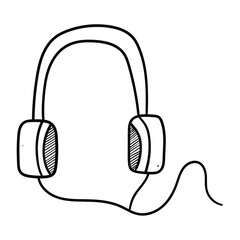 Hand drawn doodle wired headphones on white background.