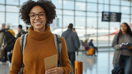 A Young Traveler Hurries Through a Vibrant Airport Terminal, Ready for Her Exciting Journey Ahead